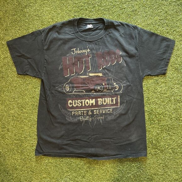 VTG Hanes Beefy T Shirt Johnny's Hot Rods Mens Large Custom Built Cars Graphic - Picture 1 of 11